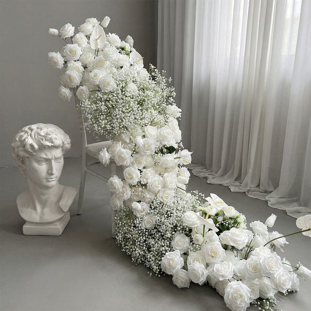 Uflower Künstliches Blumenarrangement Rose & Baby's Breath in Weiß für Hochzeitsfeiern, Tischdekoration, Länge: 200 cm, Breite: 50 cm, Tiefe: 30 cm - Bild 1