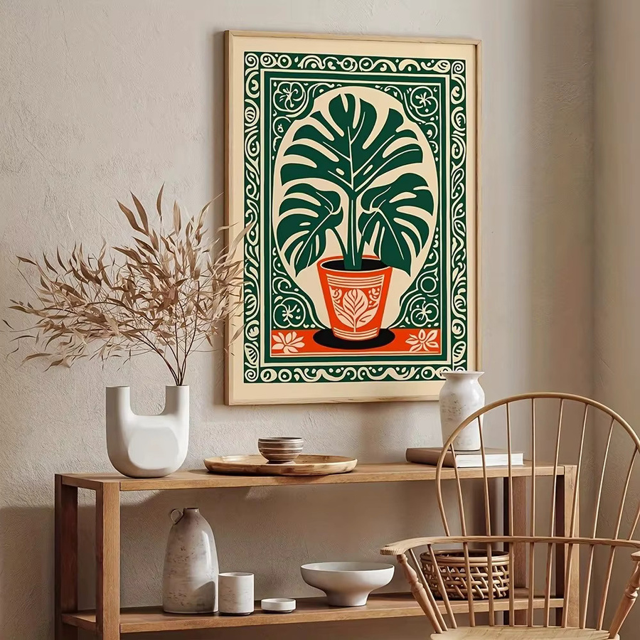 Potdemiel Leinwanddruck Monstera-Pflanze im Boho-Stil, Wandkunst mit grünem Blatt als Poster für dein Wohnzimmer - Bild 2