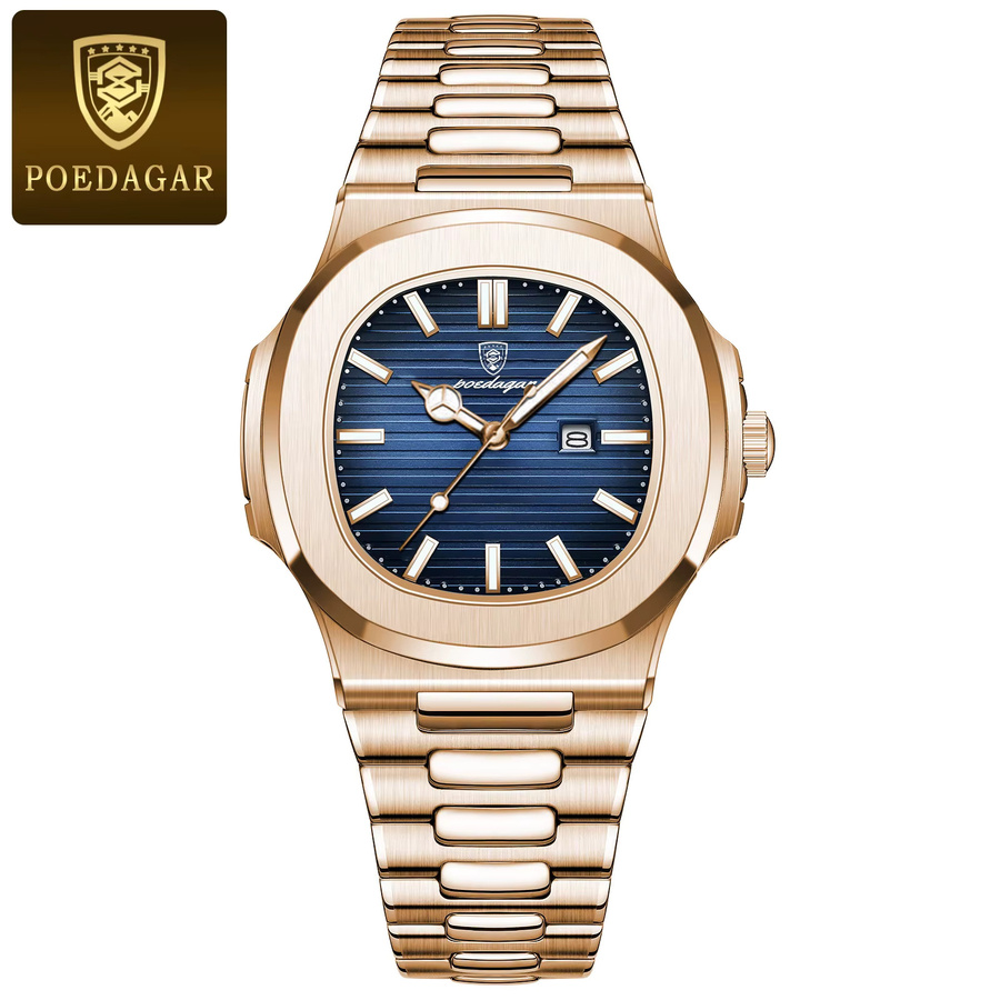 POEDAGAR Armbanduhr Quarz, Edelstahl, Eckig, Blau, Herren - Bild 7
