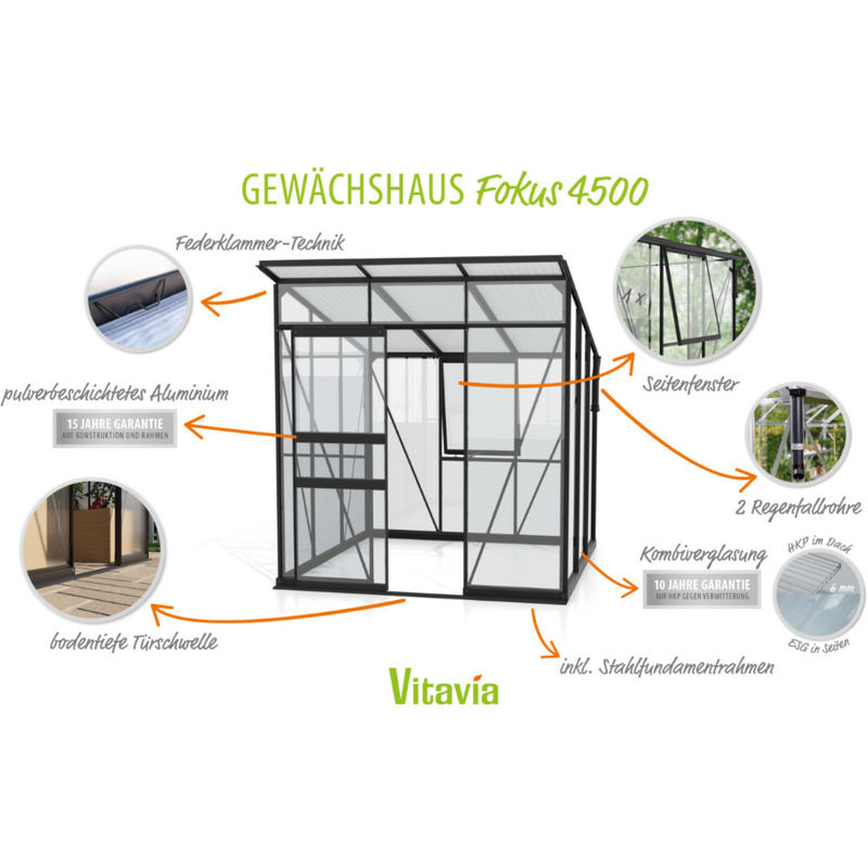 Vitavia Gewächshaus Fokus 4450 mit Stahlfundamentrahmen in Schwarz, Pultdach mit Polycarbonat und Sicherheitsglas, 3,7 m² - Bild 5