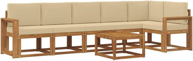 vidaXL Outdoor-Sofagarnitur aus Akazienholz in L-Form mit 7-teiligem Set, Farbe Natur und Beige - Bild 1