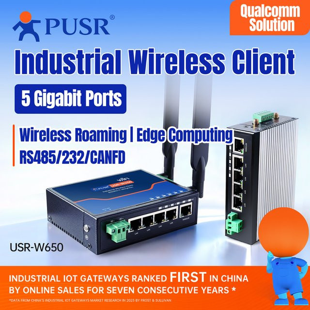 PUSR W650 Serieller Konverter RS485/RS232 zu Ethernet/WiFi Dual-Band 2.4G&5.8G mit 5-Gigabit-Port und CAN-Protokoll Modbus RTU zu TCP in Schwarz - Bild 1
