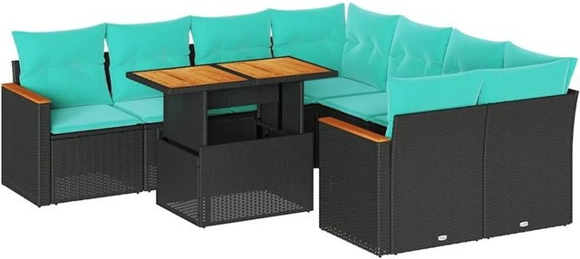 vidaXL 9-teilige Garten-Sofagarnitur aus Poly-Rattan und Akazienholz in Schwarz mit Kissen - Bild 1