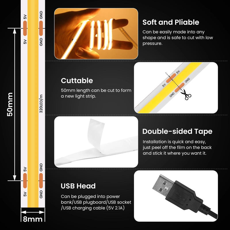 OuuZuu COB LED Streifen Grün, USB 5V, 320 LEDs, 0,5 m Länge, Flexible Hintergrundbeleuchtung für TV und Nachtlampe - Bild 8