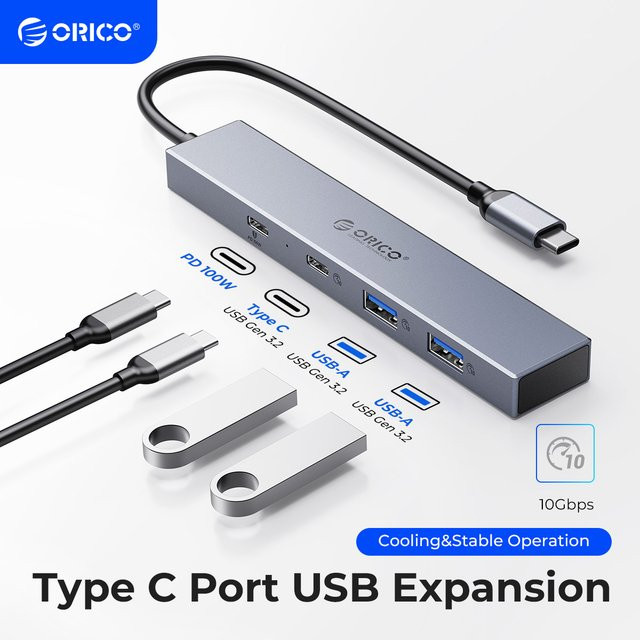 ORICO USB-C Hub mit 4 Ports, USB 3.2 10 Gbps, PD 100W Unterstützung, SD und TF Kartenleser, OTG Adapter für PC und Computer, Grau - Bild 1