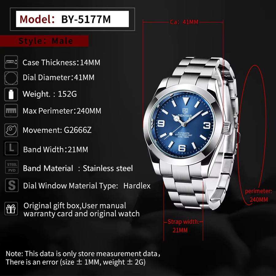 BENYAR Mechanische Uhr, Edelstahl, Blau, 50 ATM, Herren - Bild 2