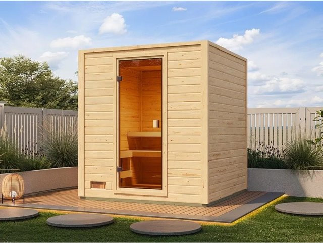 Karibu Gartensauna Lenchen 2 Natur Braun mit bronzierter Ganzglastür und 38 mm Wandstärke - Bild 1