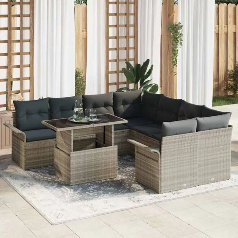 Vidaxl Garten-Sofa-Set aus Polyrattan mit 9-teiligem Kissen-Set in Grau - Bild 1