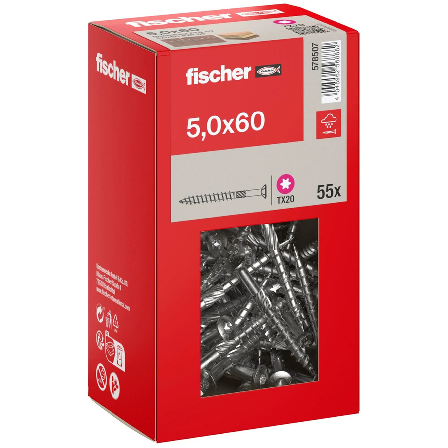 Fischer Terrassenschraube A2 Edelstahl Senkkopf Torx Teilgewinde, Farbe: Silber, Durchmesser: 5 mm, Länge: 60 mm, 55 Stück - Bild 2