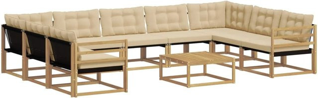 vidaXL Outdoor-Sofagarnitur aus massivem Akazienholz mit Textilene-Bezug und Kissen, 10-teilig, Weiß und Beige - Bild 1