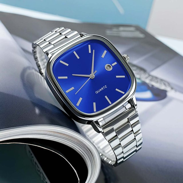 Armbanduhr Herren, Quarz, Edelstahl, Blau, Eckig, 37 mm - Bild 1