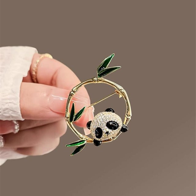 Brosche Panda Bambus, Emaille, Strass, Gold, Damen - Bild 1