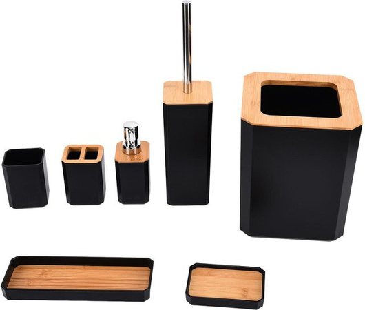 7-teiliges Badezimmer-Accessoire-Set von Aimo aus Bambus in Grau und Schwarz mit Seifenschale, Zahnbürstenhalter, Becher, Toilettenbürste und Seifenspender