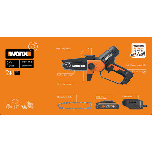 Worx Akku-Astsäge WG326E.2 mit Akku und Ladegerät, 20 V, Schwarz-Orange - Bild 2