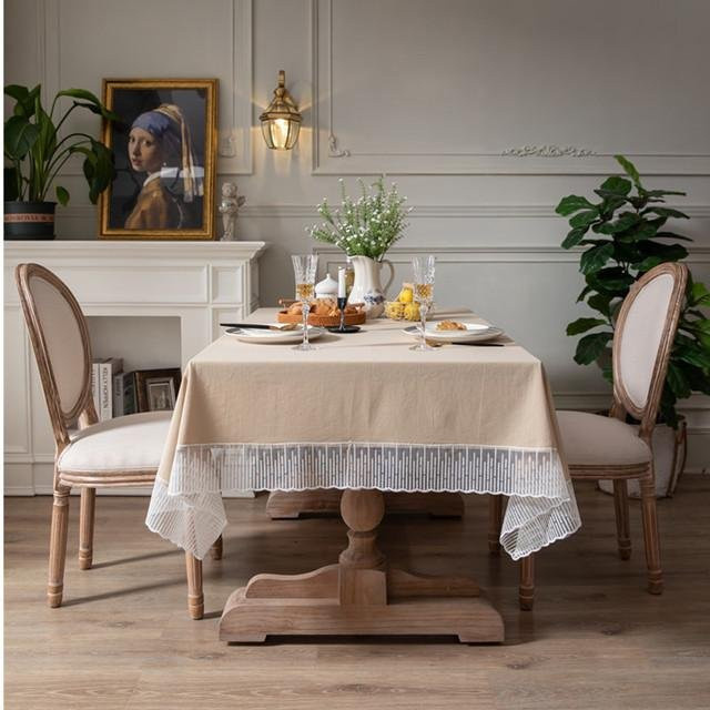 Französische Retro-Tischdecke aus Baumwollmischung mit Spitzenrand in Beige, B/T: 130 x 180 cm - Bild 1
