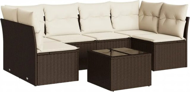 vidaXL 7-tlg. Garten-Sofagarnitur aus Polyrattan in Braun mit Kissen und L-Form - Bild 1