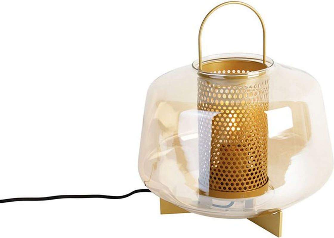 QAZQA Art Deco Tischlampe Kevin in Gold mit bernsteinfarbenem Glas aus Stahl und Glas, Höhe: 30 cm - Bild 1