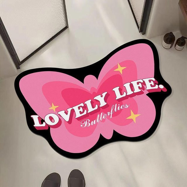 Rutschfeste Badezimmer Bodenmatte mit Schmetterlings-Cartoon-Design aus Kieselgur, schnelltrocknend und wasserabsorbierend, Farbe: Pink, B/T: 60 x 40 cm - Bild 1