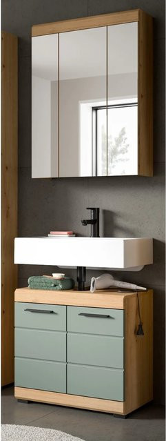 Inn.Furn Badmöbel Set Shawn 2-teilig in Grün und Eiche mit Spiegelschrank und Waschtischunterschrank, Breite: 60 cm - Bild 1