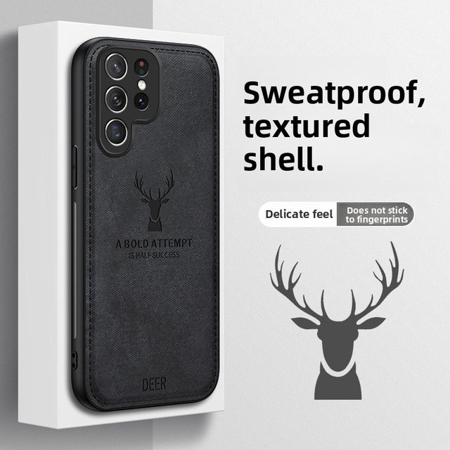 Stoßfeste Handyhülle aus Hirschkopf-Stoff und Leder für Samsung Galaxy S25 S24 S23 S22 S21 Ultra Plus FE A56 A55 A16 5G in Schwarz - Bild 1