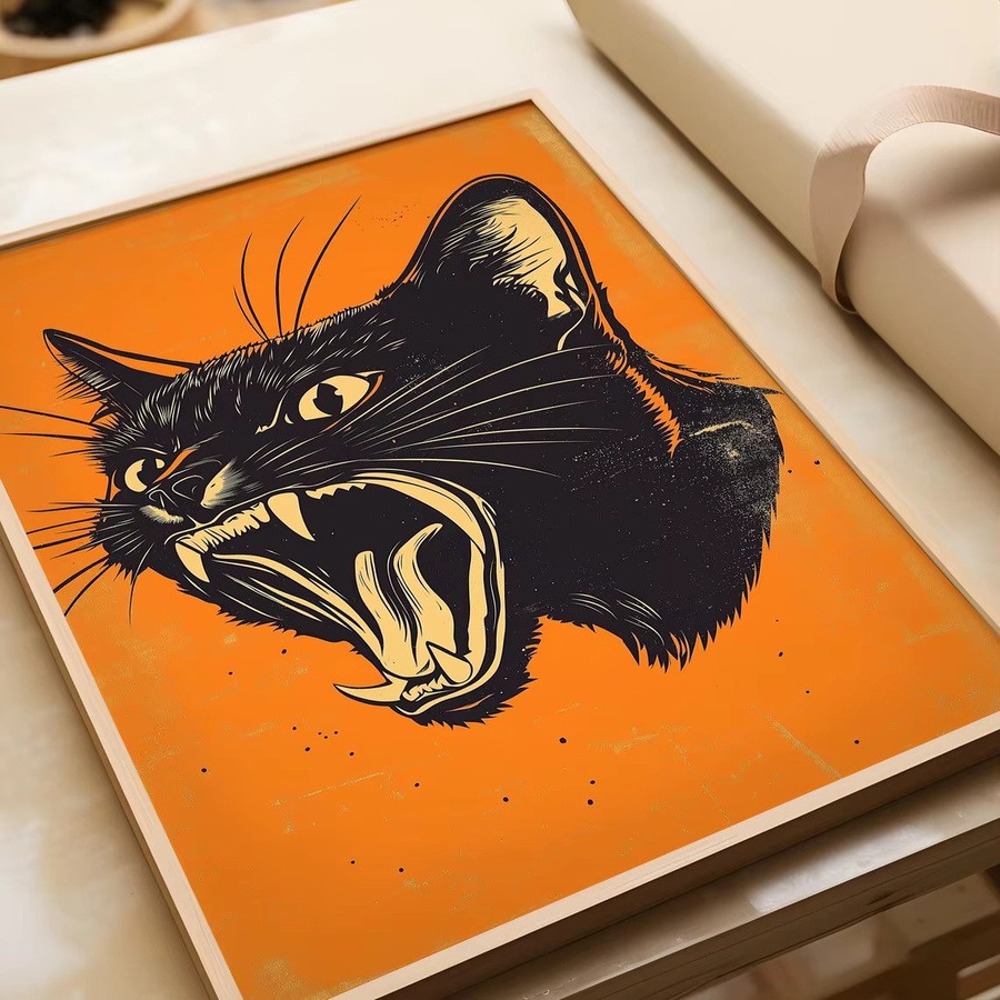 Vintage-Linoleindruck Wanddekoration von SHENCHEN mit schwarzer Katze auf orangefarbenem Hintergrund - Bild 2