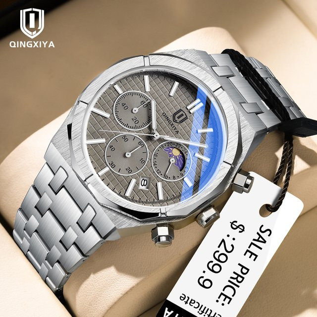 QINGXIYA Chronograph, Quarz, Edelstahl, Grau, Silber, Herren - Bild 1