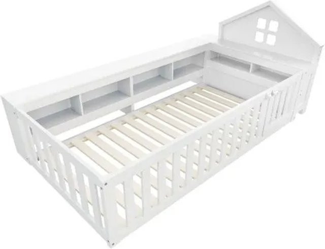 KOMHTOM Kinderbett aus Massivholz mit Dachreling, Fenster und Staufach in Weiß, B/T/H: 90 x 200 cm - Bild 1