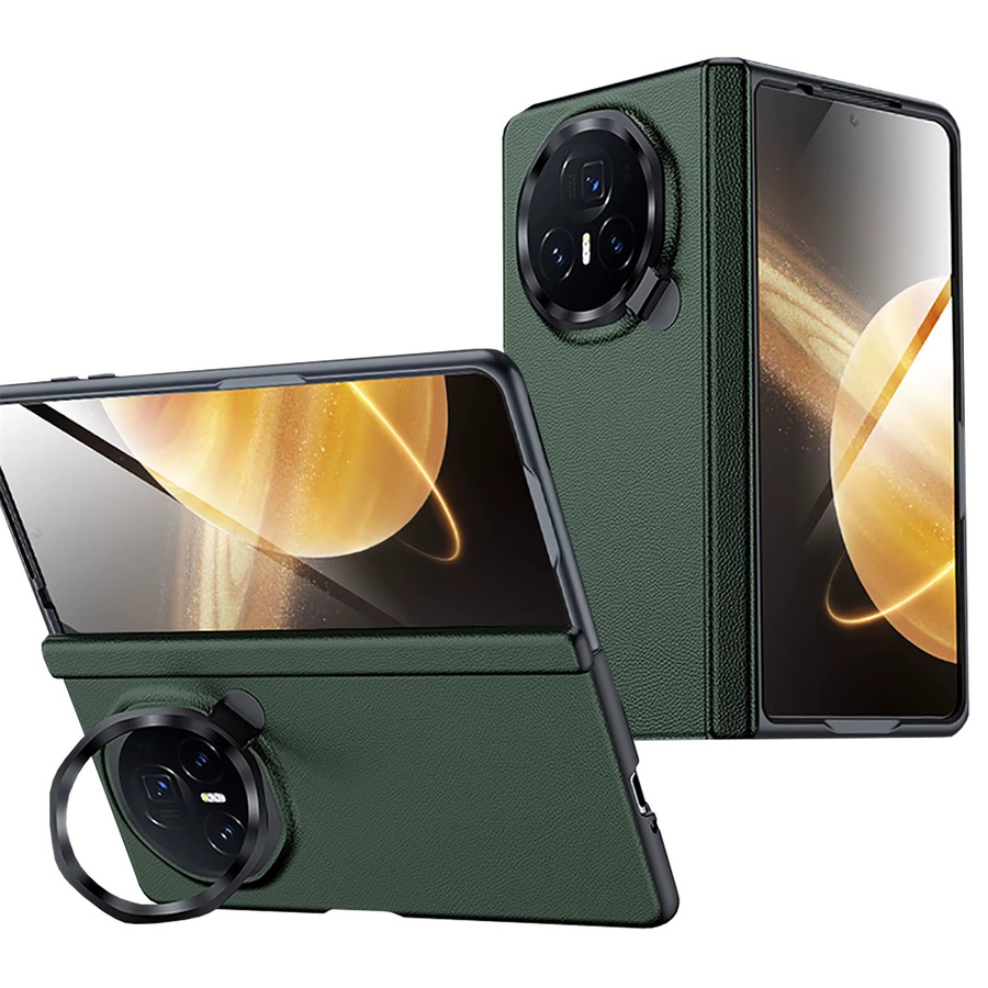 Honor Magic V3 Leder-Schutzhülle mit Kameraständer, integrierter HD-Schutzfolie und drehbarem Wellenschutz in Grün - Bild 3