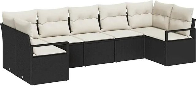 vidaXL Garten-Sofa-Set 7-teilig aus Polyrattan in Schwarz und Beige mit Polsterung und Kissen für Terrasse und Garten - Bild 1