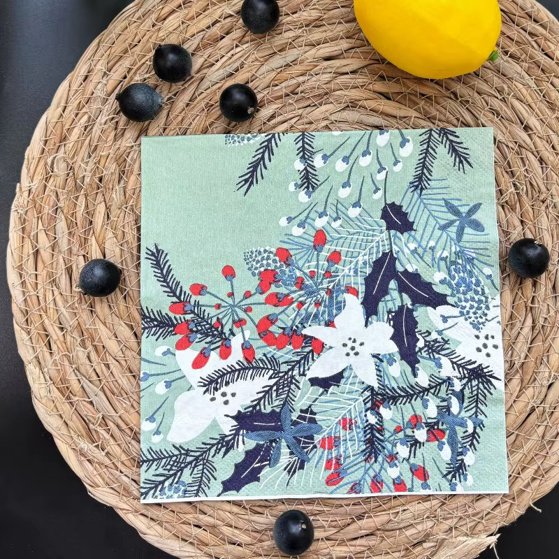 GUANYAO Weihnachts-Servietten mit botanischem Druck, 2-lagig, bunt, 20 Stück, B/T/H: 33 cm - Bild 4