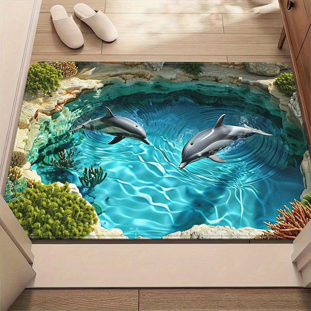 VIKAMA Teppich mit Delphin-Aufdruck in Blau, wasserdicht, rutschfest und maschinenwaschbar - Bild 1