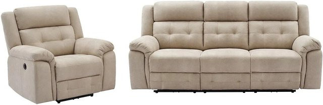 Vente-unique Couchgarnitur Ortiano in Beige mit 3-Sitzer Relaxsofa und Relaxsessel aus Mikrofaser, Breite: 223 cm, Breite Sessel: 103 cm - Bild 1