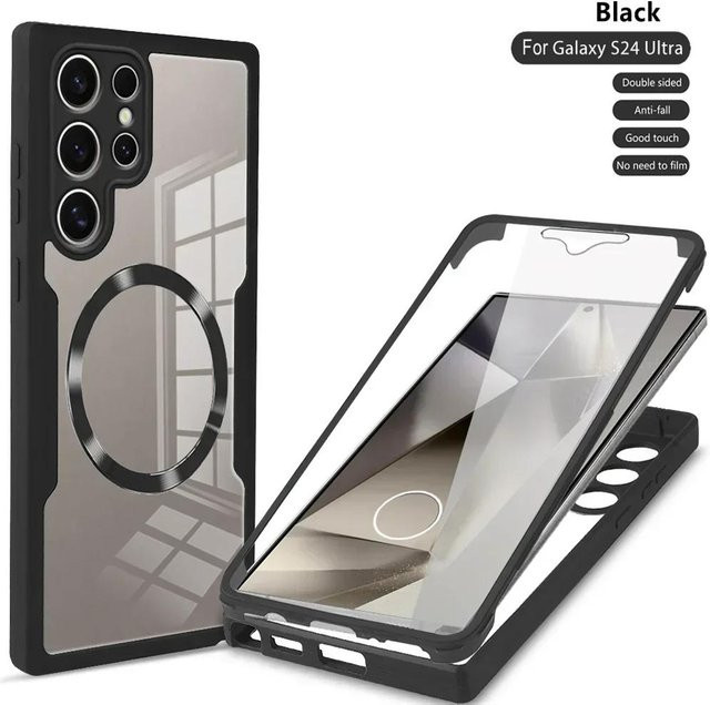 Stoßfeste MagSafe Schutzhülle für Samsung Galaxy S24 S23 S22 Ultra Plus S21 FE, transparent mit Magnet für kabelloses Laden, Schwarz - Bild 1