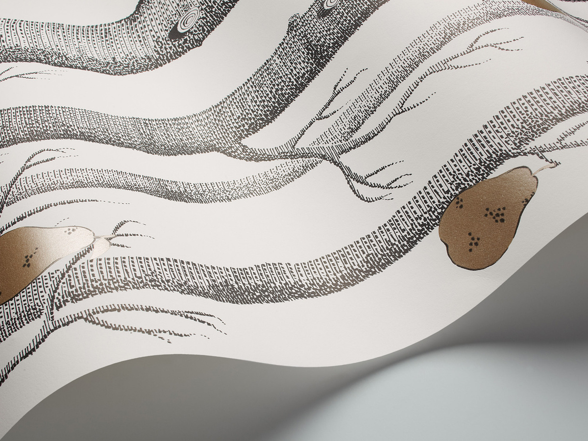 Cole & Son Tapete Woods & Pears mit botanischem Naturdesign in Schwarz, Weiß und Gold - Bild 1