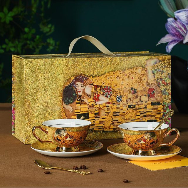 Baifenbai Home Furnishing Kaffeetassen Set aus Knochenporzellan im Hofstil mit Untertassen, Gold, 220 ml - Bild 1