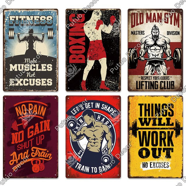 Putuo Decor Vintage Fitness-Schilder aus Metall als Retro-Poster für dein Workout und die Wandgestaltung im Fitnessraum oder der Männerhöhle, Mehrfarbig - Bild 1