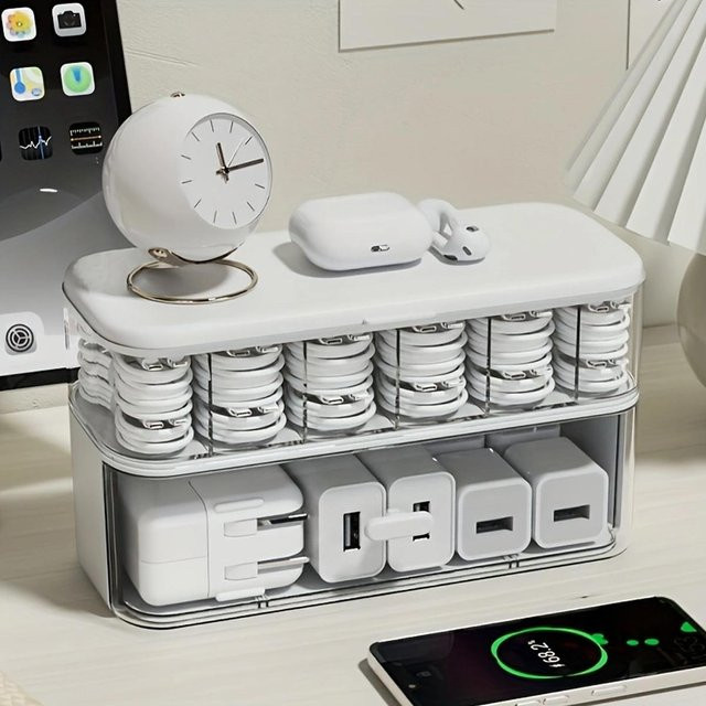 Binchi Outdoor Product Kabel-Organizer-Aufbewahrungsbox mit Deckel und 14 Kabelbindern in Weiß - Bild 1