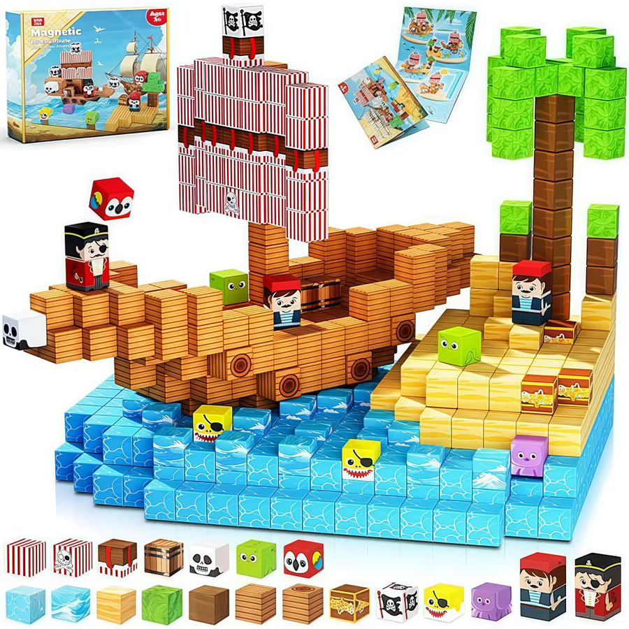HUATEC Piratenschiff Magnetfliesen Set mit Montageset, 100 Stück, Mehrfarbig, STEM Lernspielzeug aus Kunststoff für Kinder ab 3 Jahren - Bild 3