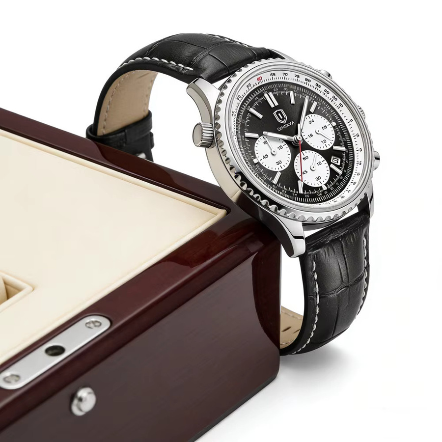 QINGXIYA Armbanduhr Herren, Quarz, Chronograph, Leder, Schwarz - Bild 3