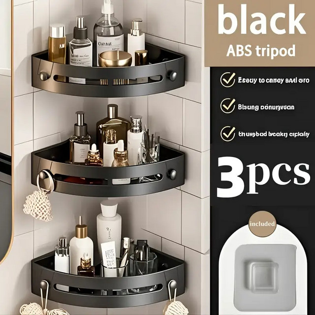YANKE Wandmontiertes Badezimmer-Organizer-Regal aus Kunststoff in Schwarz mit Haken und Fächern für Shampoo und Handtücher - Bild 1