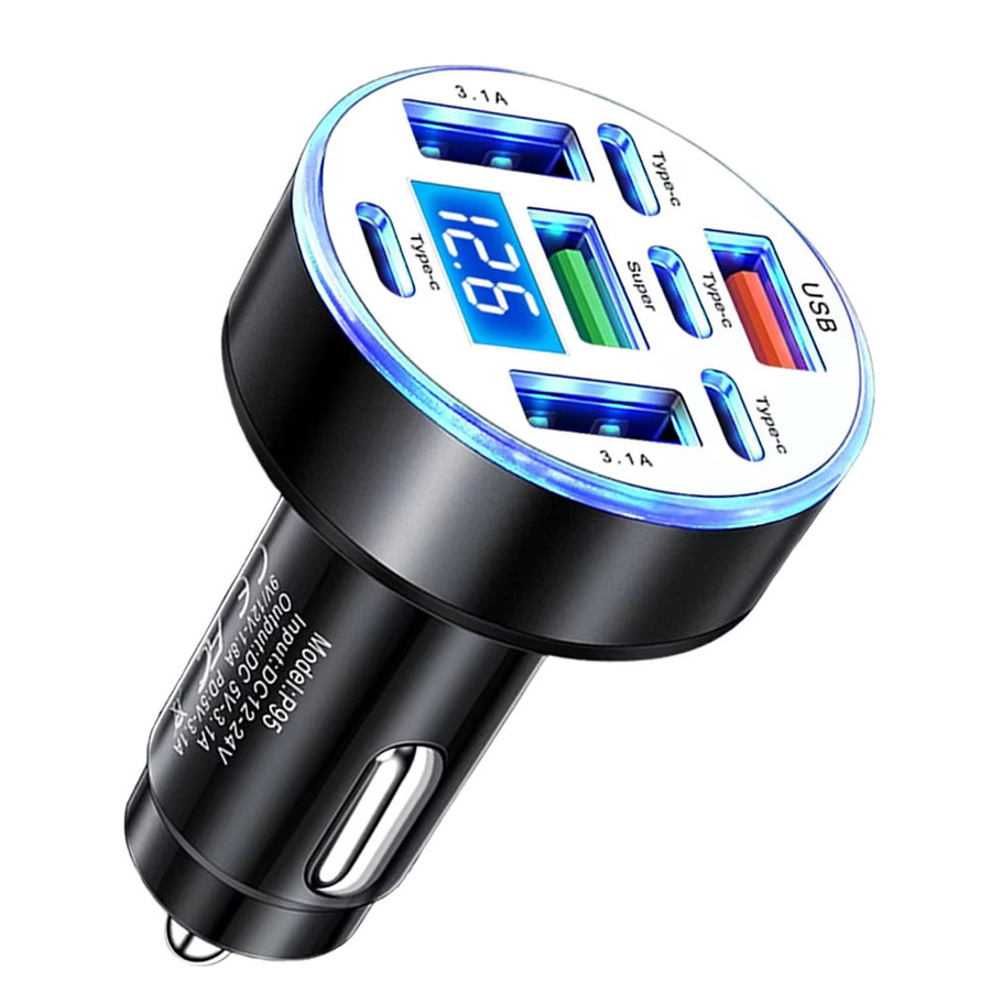UYUXIO 8-in-1 USB-Autoladegerät in Schwarz mit Spannungsanzeige, 4 Typ-C-Anschlüsse und 4 USB-A-Anschlüsse, Multi-Port-Schnellladegerät mit Voltmeter - Bild 7