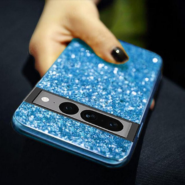 Stoßfeste Silikon Schutzhülle mit Glitter und Pailletten für Google Pixel 7, Pixel 7 Pro, Pixel 6 und Pixel 6A in Blau - Bild 1