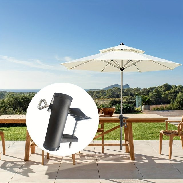 Schwarzer Regenschirm-Halter aus Metall als Befestigungs-Clip für Balkon und Terrasse - Bild 1