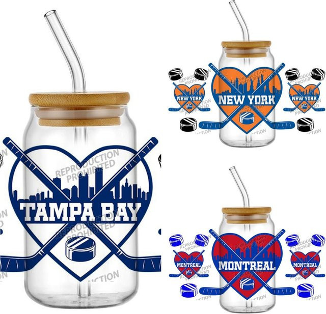 Hockey City Heart UV DTF Becherfolien-Aufkleber in Multicolour für 16oz Libbey Glasdosen, wasserfeste Eishockey-Transferaufkleber für dein DIY-Projekt - Bild 1