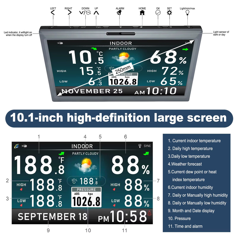 Urageuxy WLAN-Wetterstation mit 10,1 Zoll TFT-Display, digitales Thermometer, Hygrometer und Barometer in Grau - Bild 3