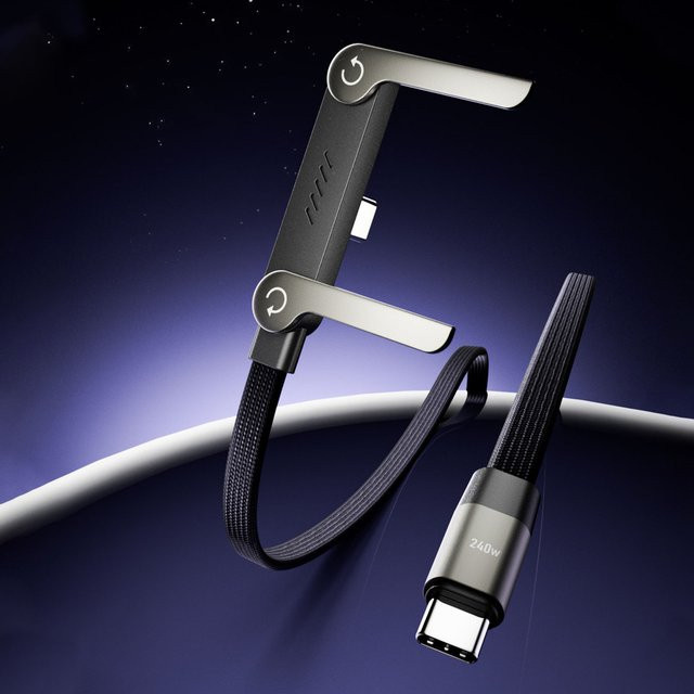 ALLOYSEED Unsichtbares Ladekabel mit integriertem Telefonständer und USB-C Anschluss, 240W Schnellladefunktion, geflochtenes Kabel, Schwarz - Bild 1