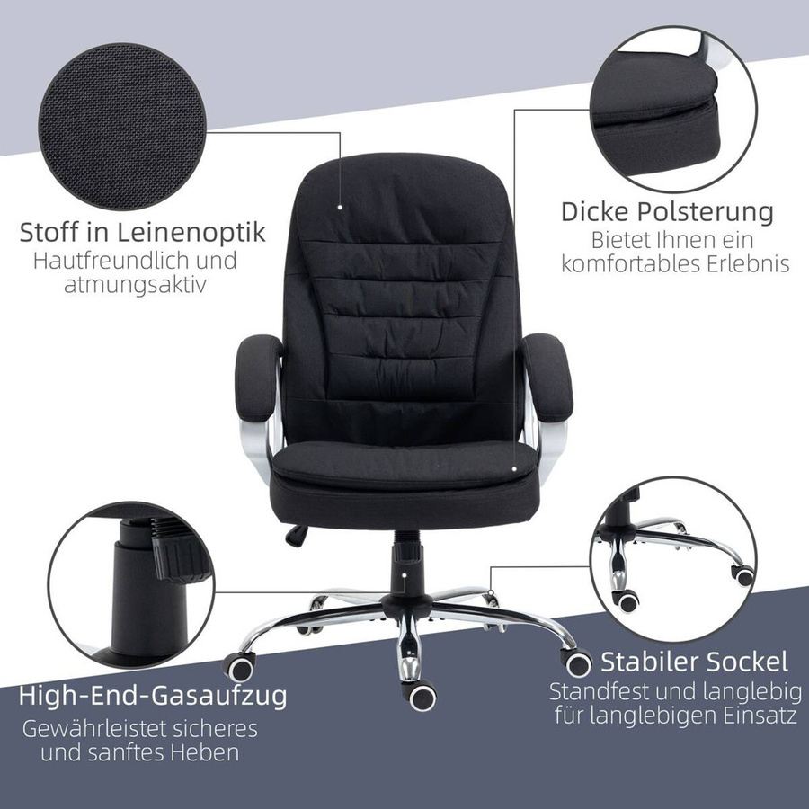 Vinsetto Bürostuhl 921-170BK in Schwarz mit Leinen-Bezug, 360° Drehsitz, Wippfunktion und Armlehnen, B/T/H: 52 x 64 x 111 cm - Bild 3