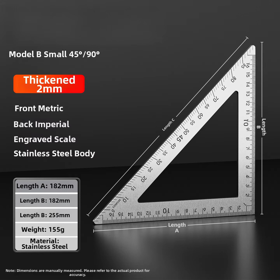 Edelstahl Dreieckslineal als 45-90-Grad-Winkelmesser mit Dual-Skala in Silber für Tischlerei und Zeichnen - Bild 3