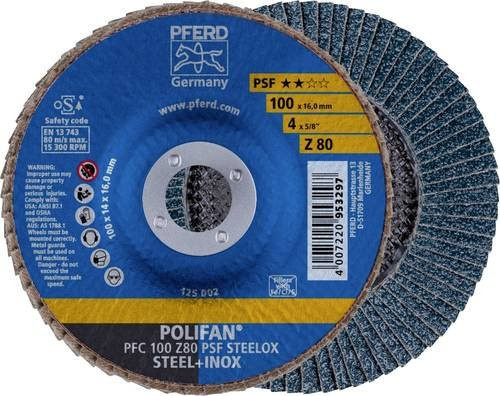 PFERD POLIFAN Fächerschleifscheibe PSF STEELOX Universallinie für Stahl und Edelstahl, Blau, Durchmesser: 100 mm, Bohrungs-Ø: 16 mm, Körnung: 80 - Bild 1