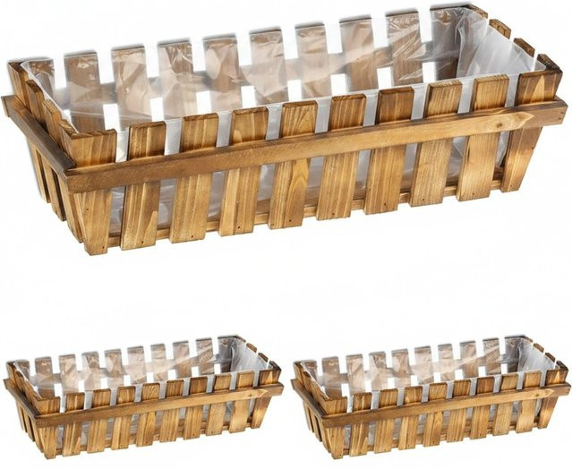 Relaxdays Blumenkasten 3er Set aus Holz in Natur mit Folie im rustikalen Holzzaun-Design, B/T/H: 45 x 12 x 19,5 cm - Bild 1